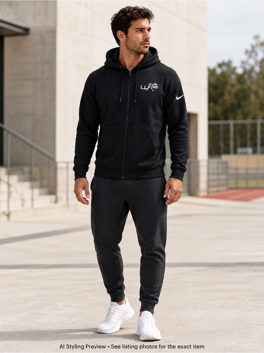 Nike Black Full Zip Hoodie Men’s L Custom Event Logo Swoosh Fleece Gym